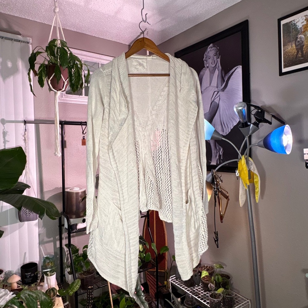 Angel of the North Cardigan Womens M Ivory Cotton Linen Open Front Boho Knit